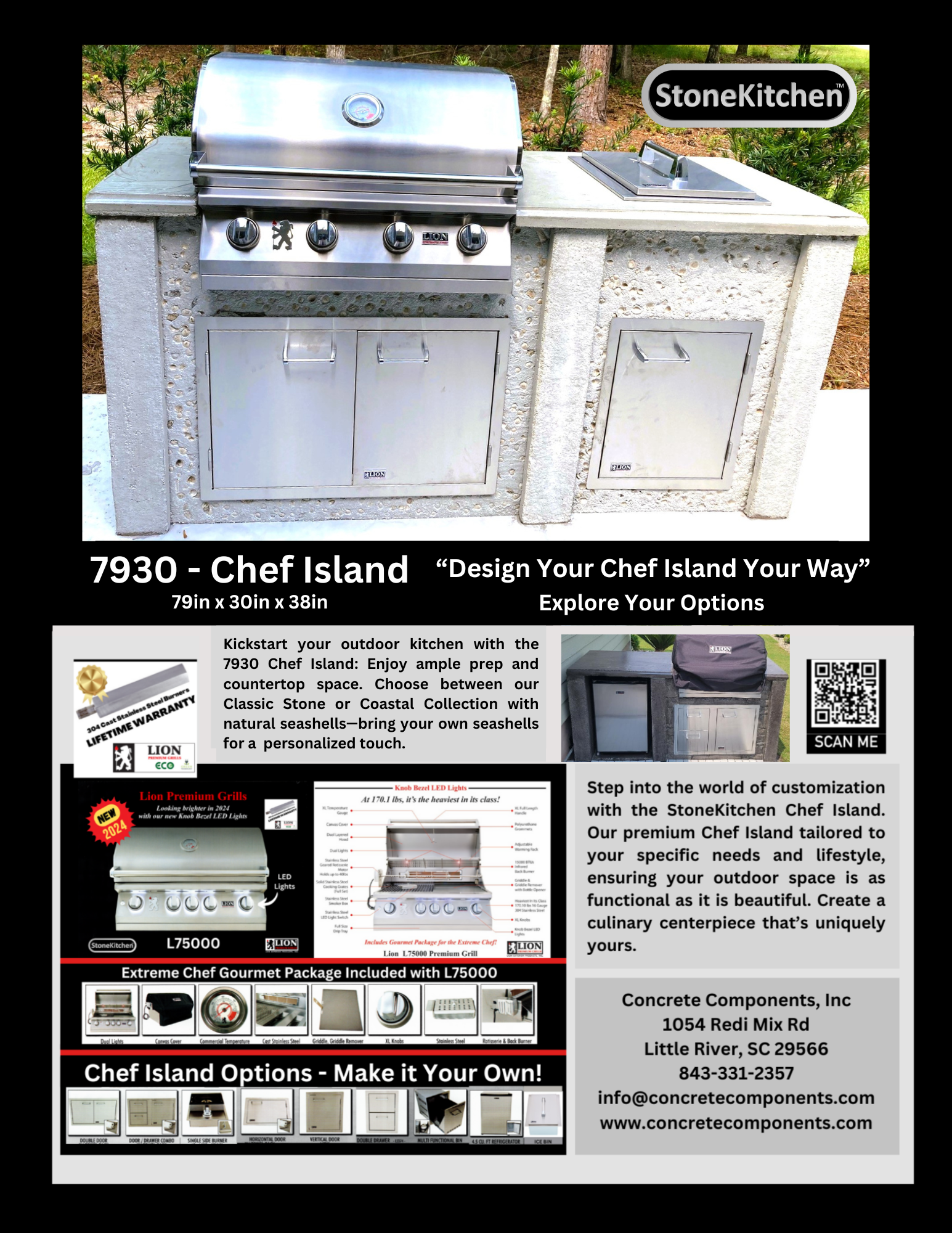 StoneKitchen™ 7930 Chef Island with built-in premium grill, custom Marvelcrete™ countertops, and weather-resistant design. Perfect for outdoor kitchens and grill islands in North Myrtle Beach and Myrtle Beach, SC. Ideal for homeowners seeking durable, high-end outdoor kitchen solutions.